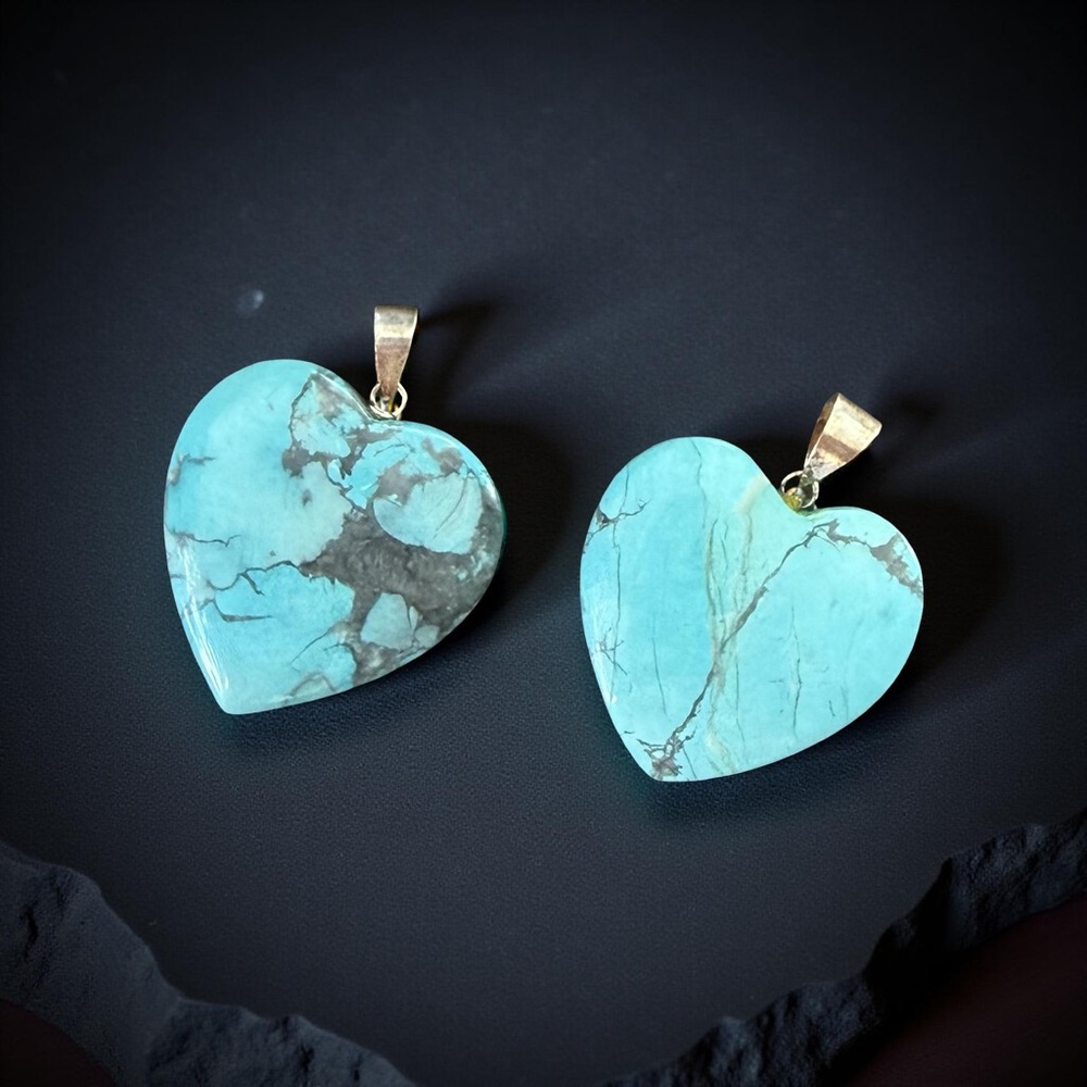 Large Vintage Turquoise Heart Pendant | 925 Silver Bail | 25mm | 5.8g